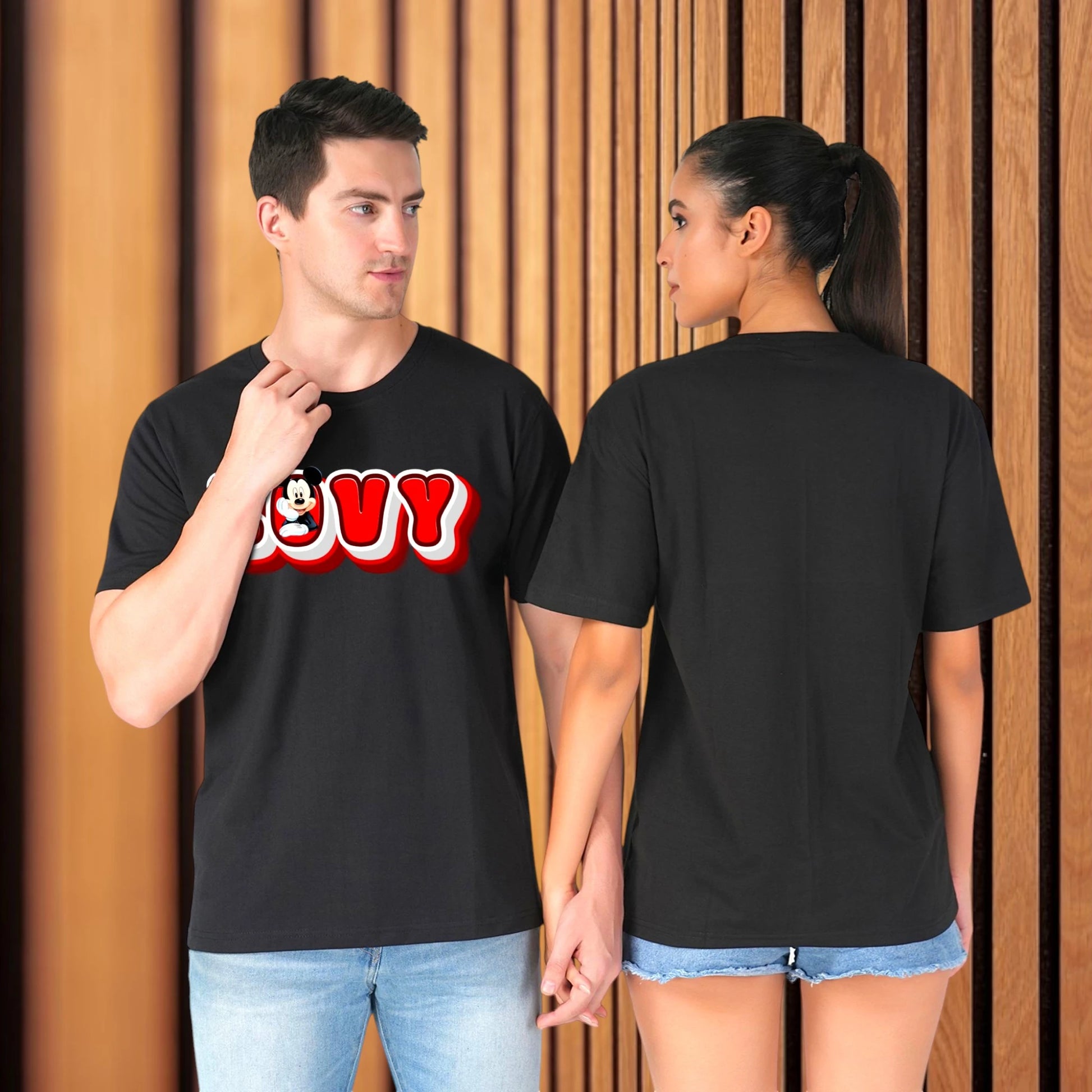Lovy Dovy couple T-shirt black front-back view