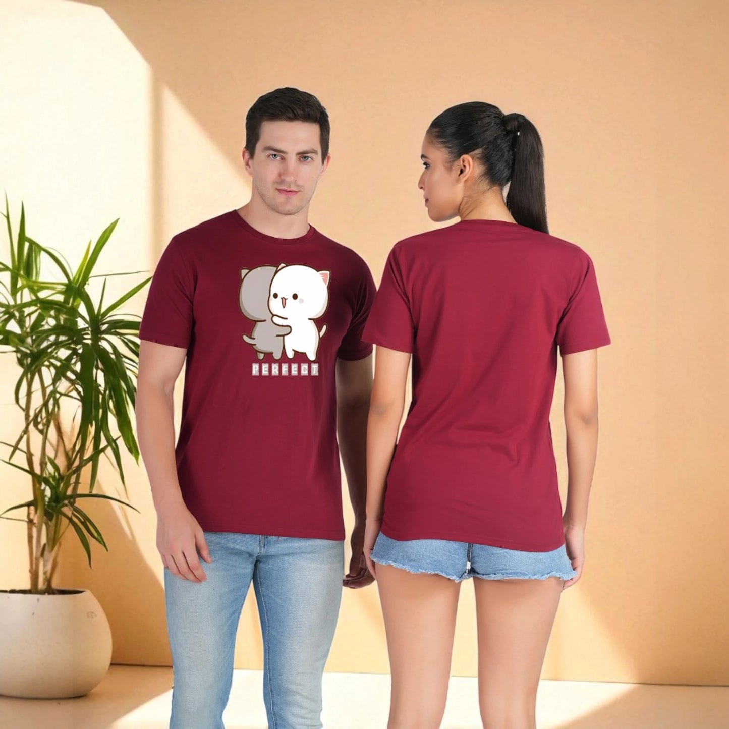 Perfect Pair Couple T-shirt maroon front-back view