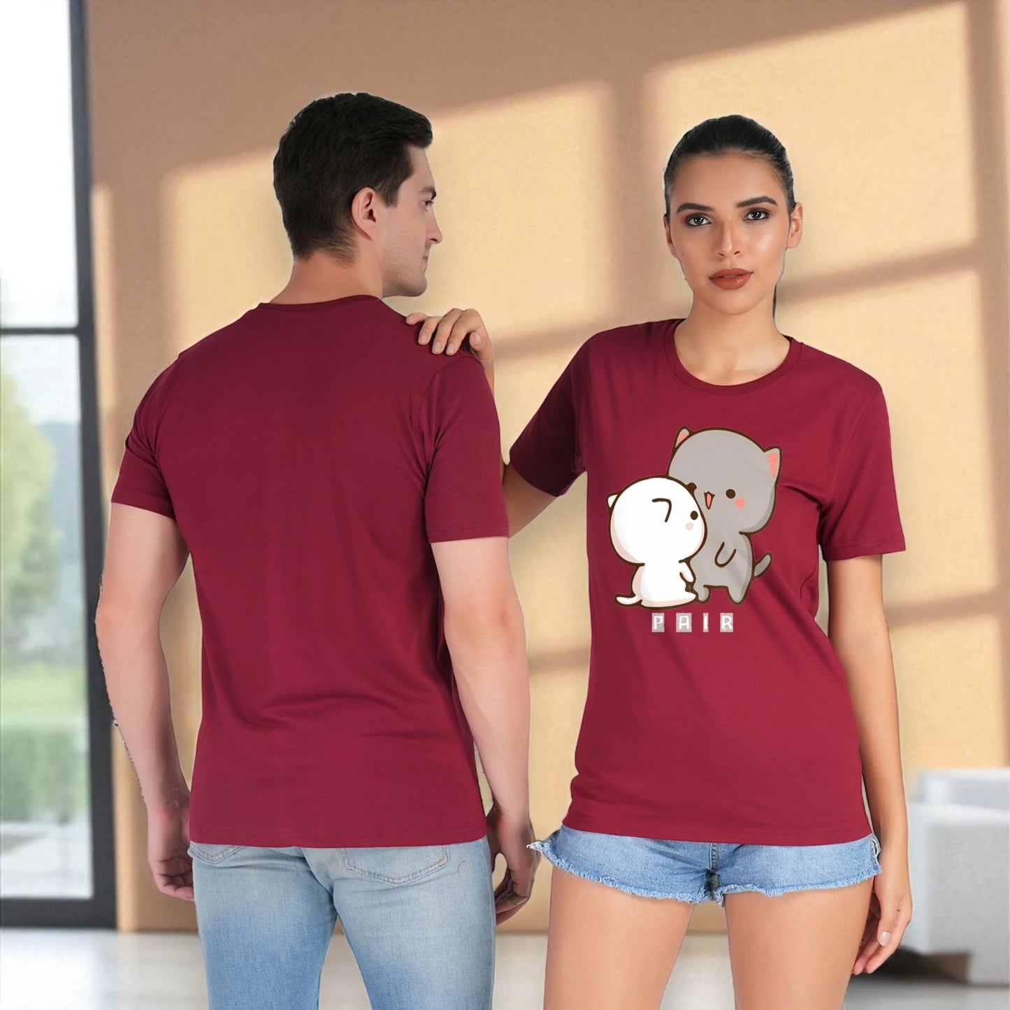 Perfect Pair Couple T-shirt maroon front-back view