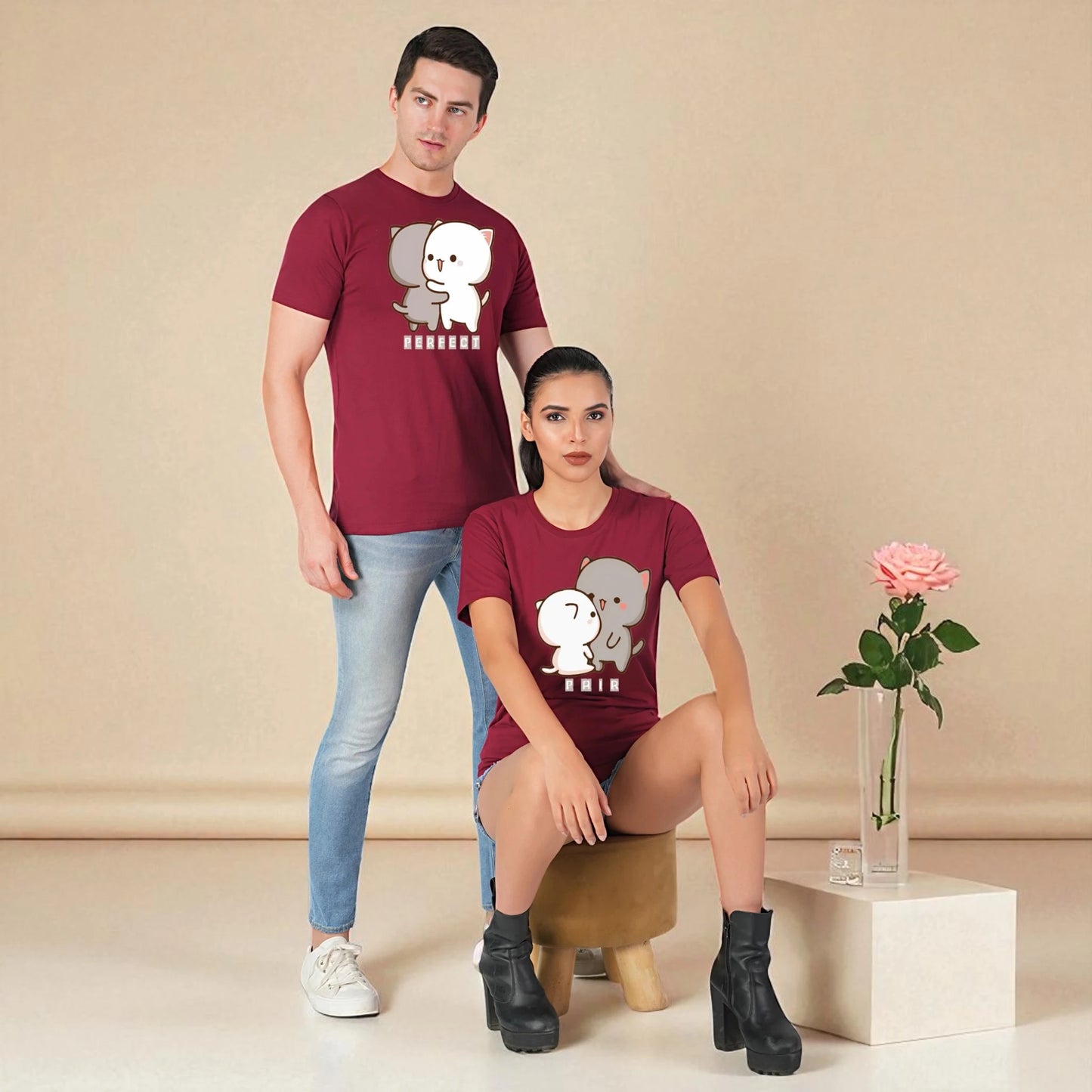 Perfect Pair Couple T-shirt maroon sitting