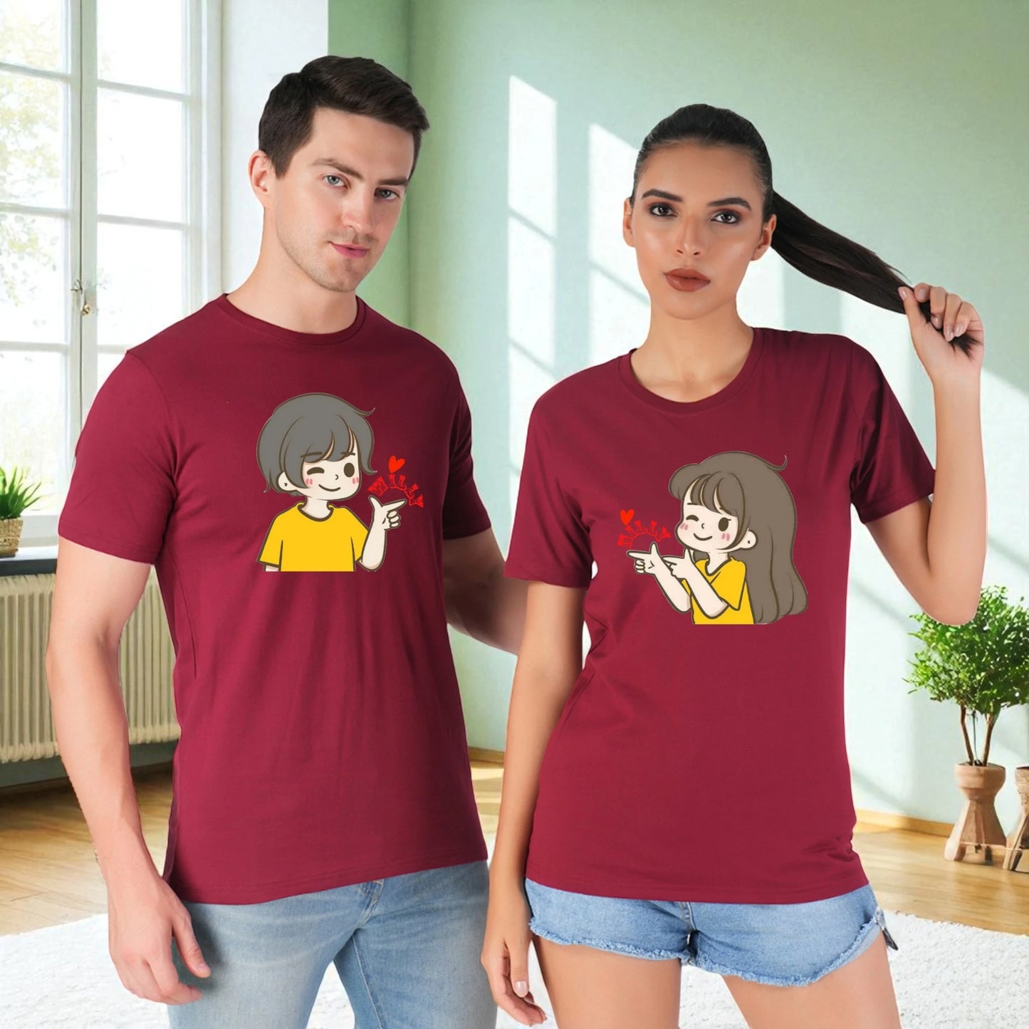 Willy Nilly Fun Couple T-shirt maroon front view
