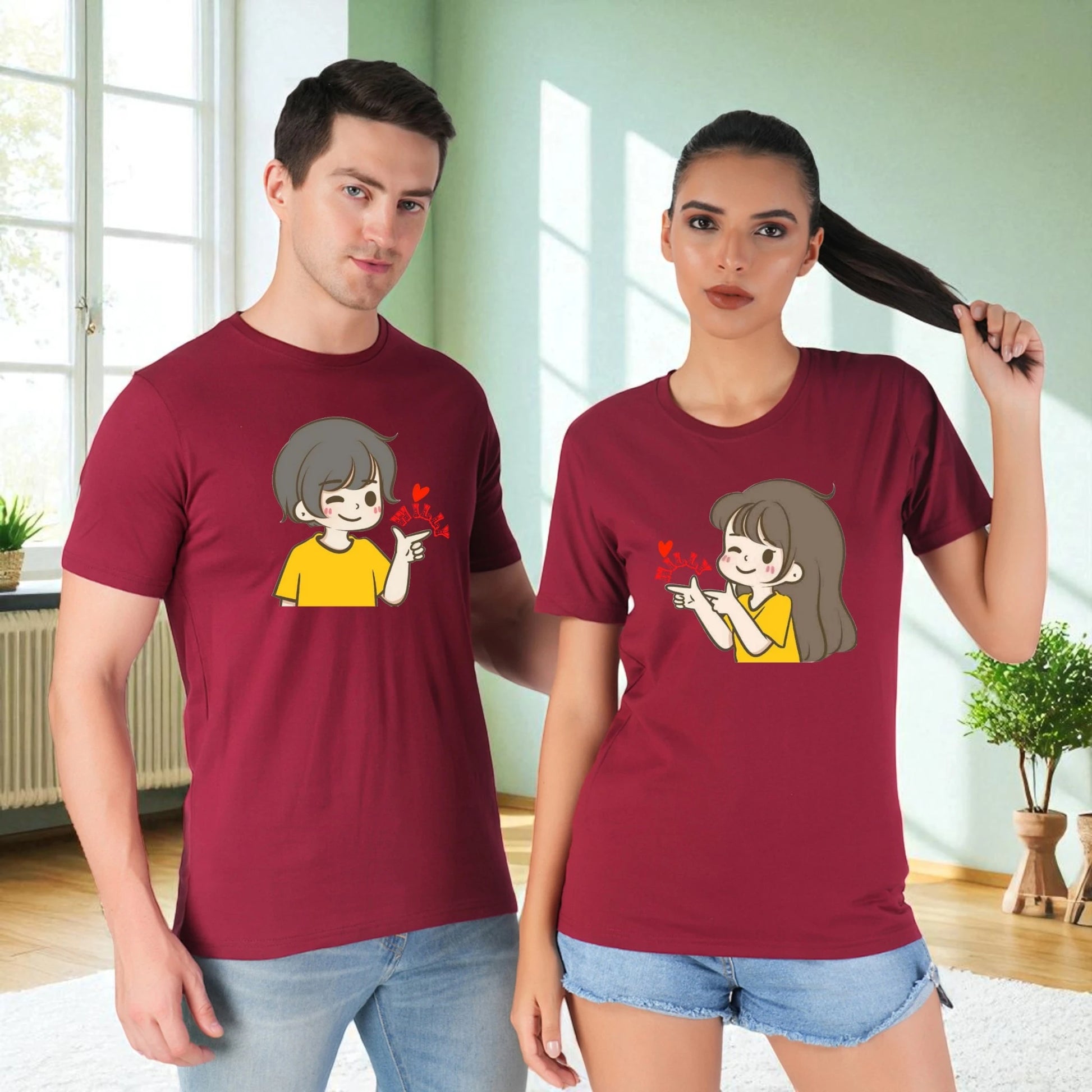 Willy Nilly Fun Couple T-shirt maroon front view