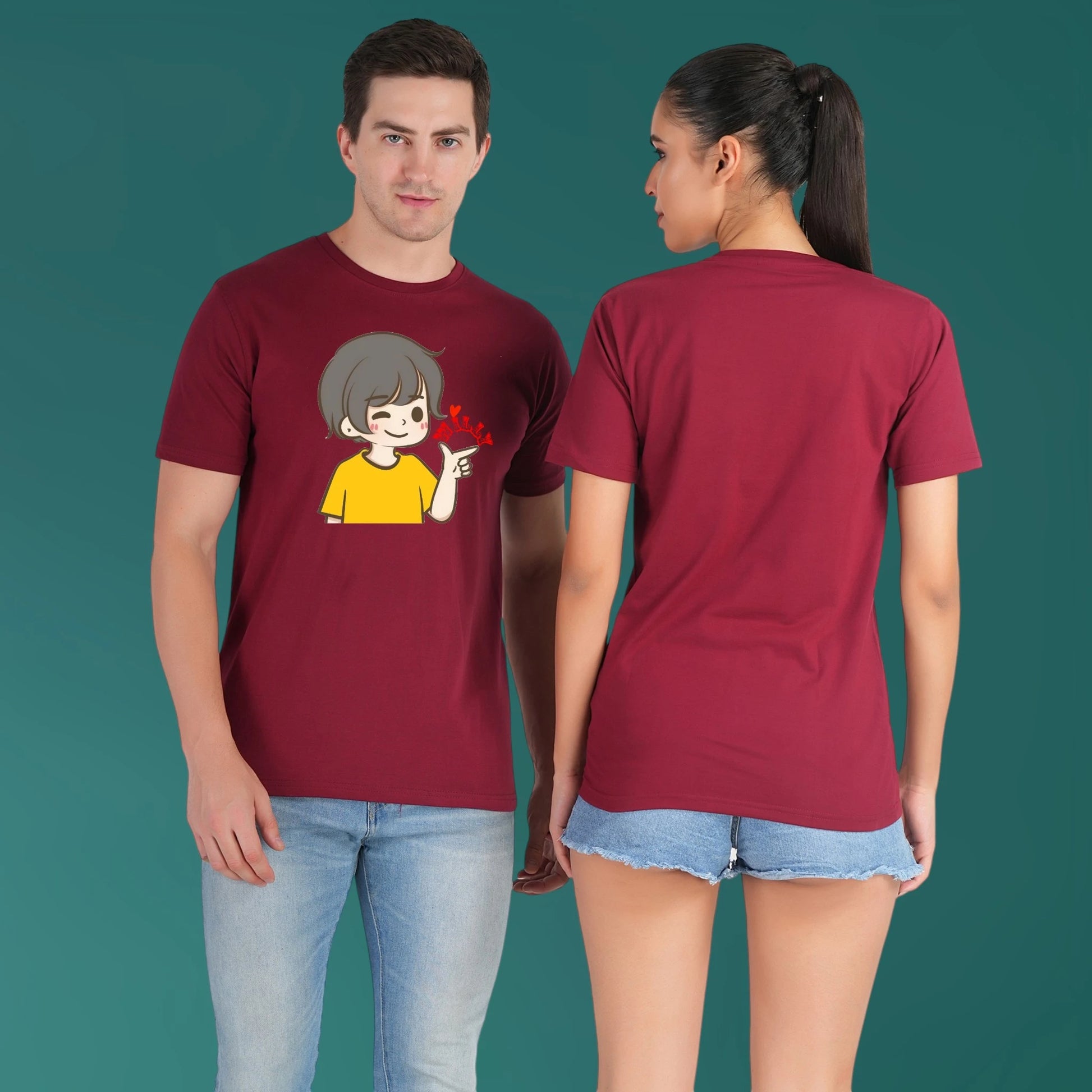 Willy Nilly Fun Couple T-shirt maroon front-back view
