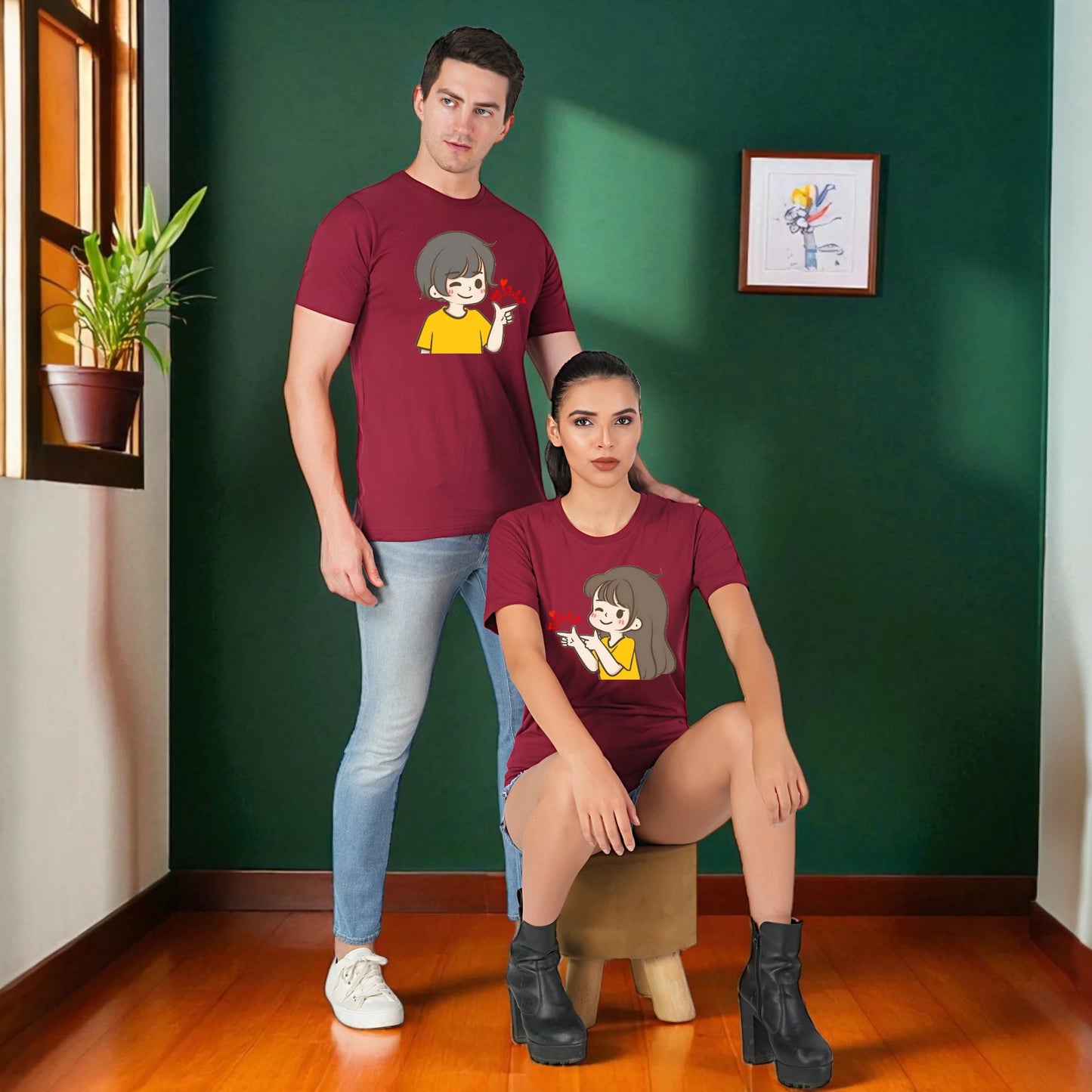 Willy Nilly Fun Couple T-shirt maroon sitting view